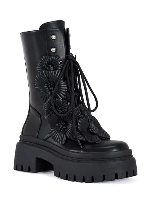 Azalea Wang Women's Devoir 3D Flower Platform Lug Sole Combat Boots