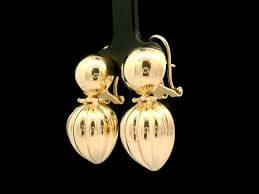 14k Yellow Gold Puffed Scalloped Dangle Drop Earrings w/ Omega Back For Sale at 1stDibs