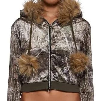 Faux Fur Trim Velour Hoodie