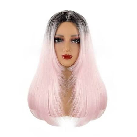 Xmhytop 23 Inch Straight Lace Front Wig, Synthetic Layered Design with Middle Part Closure, Ideal for Womens Daily Wear & Special Occasions, Pink,