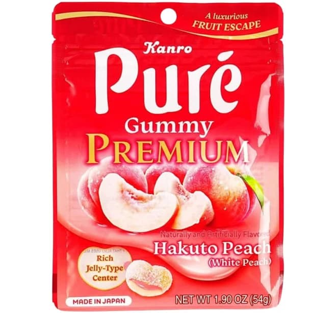 Kanro Pure Premium White Peach Sparkling Gummy Candy, 54g