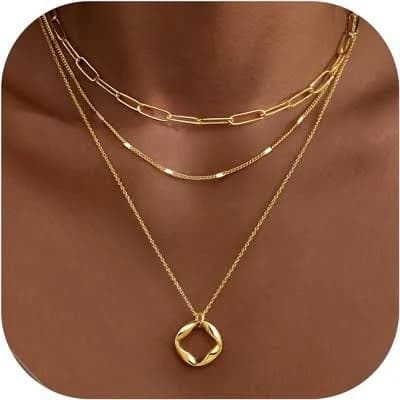 14K Gold Layered Paperclip & Circle Pendant Choker Necklace Set