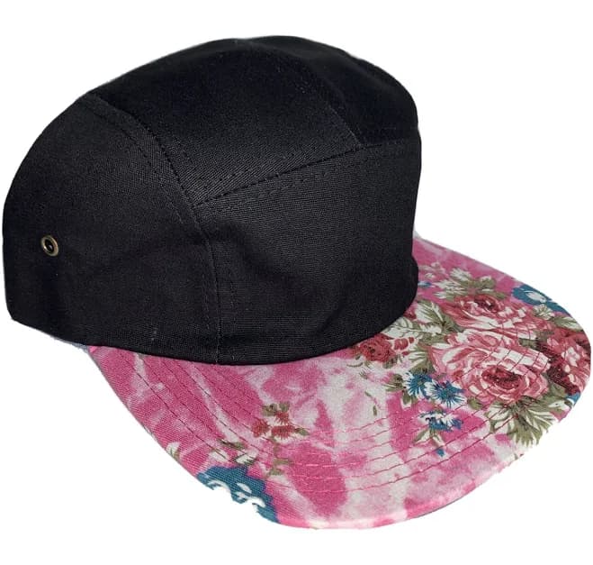 Black Pink Flowers 5 Panel Strap Back Cap Adjustable Adult Floral