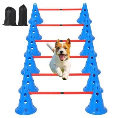 Dog Agility Set, Blue Hurdle with 12 Cones + 6 Adjustable Rods - 4-Height Obstacle Course for Puppy Drills w/Storage Bag