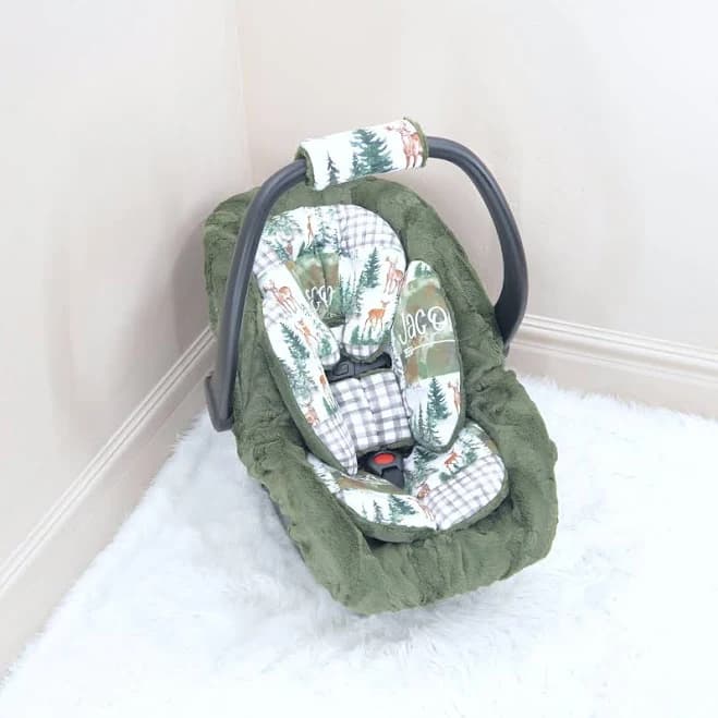 Dark Green Woodland Baby Car Seat insert Cushions Set: Head and Body Rest - Car Seat Straps Cushions - Baby Car Seat Accessories