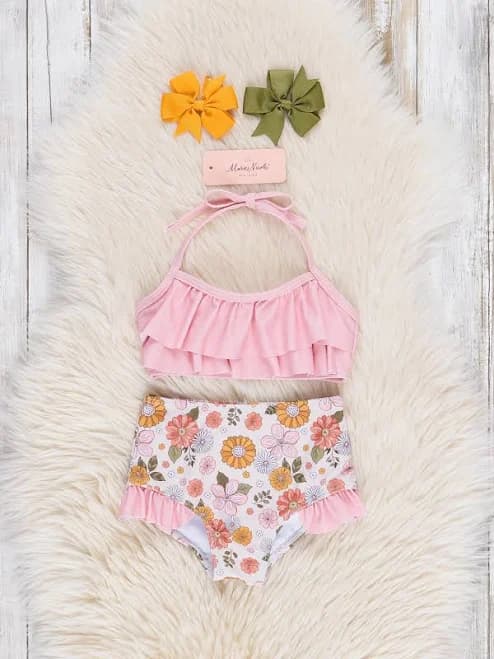 Toddler Girl Mauve Floral Two-Piece Ruffle Swimsuit