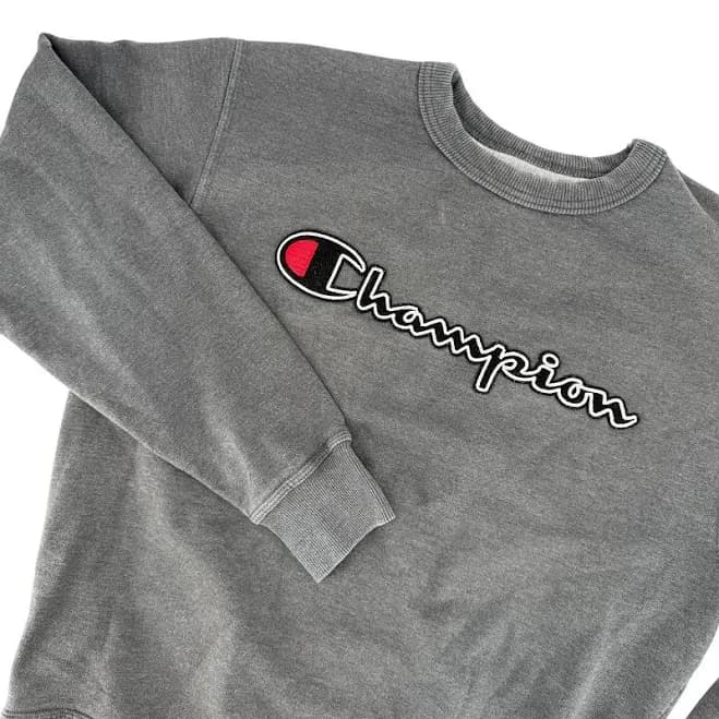 Champion Y2K Mens Script Logo Crewneck Sweatshirt Grey Fleece Pullover Size M