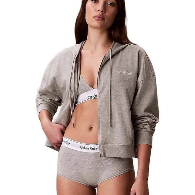 Calvin Klein Logo Cotton Jersey Full Zip Women Hoodie - Grey Heather