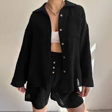 Amazon.com: JEUROT 2 Piece Linen Set for Women Cotton Linen Half Sleeve T-Shirt with Drawstring Shorts Matching Lounge Pajama Set Beach Vacation Cruise Outfits 2025Black, S : Clothing, Shoes & Jewelry