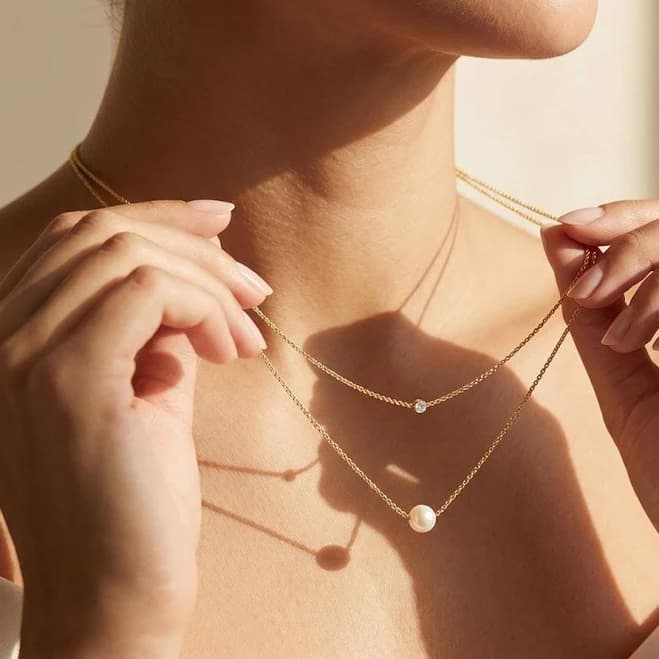 14K Gold Plated Minimalist Freshwater Pearl Dainty Chain Necklace