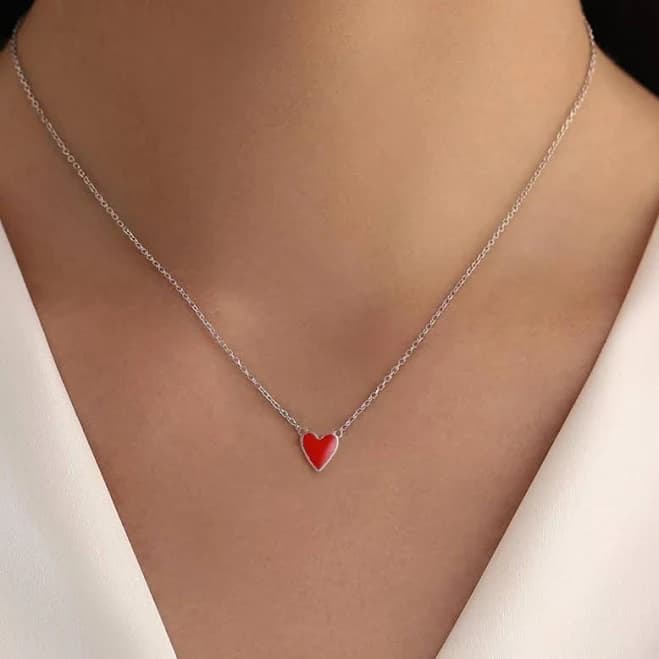 Red Enamel Heart Pendant Necklace in Sterling Silver, Red Heart Necklace, Dainty and Tiny