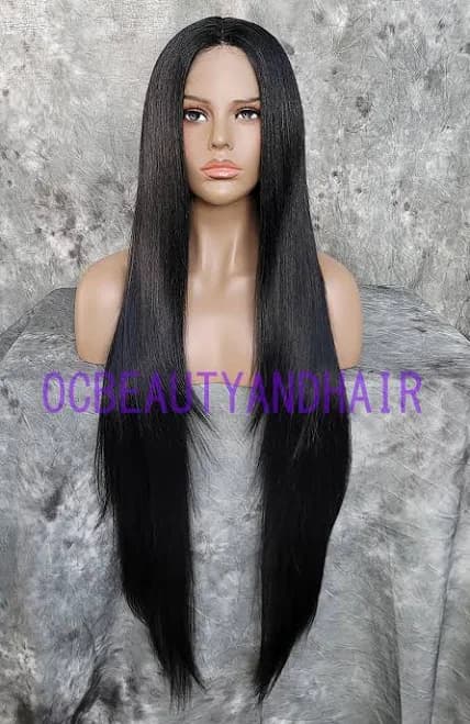 Extra Long Layered Flat Straight Black Heat Safe Human Hair Blend Lace Front Daily Fashion Wig with Baby Hair