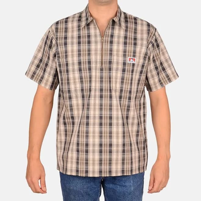 Ben Davis Short Sleeve Plaid 1/2 Zip Shirt Khaki/Grey / M