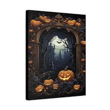 Hallowed Harvest: Pumpkin Nocturne, Gothic Halloween Illustration - Unframed Canvas Wall Art Decor 16″ x 20″ (Vertical)/1.25" - Cherryland Sales