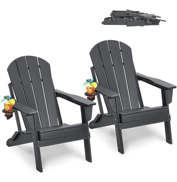 Folding Adirondack Chairs Set of 2 with Cup Holder, All-Weather Portable Plastic Fire Pit Chair, Outdoor Adirondack Patio Chair, with Relaxing Arm Rest Ergonomic, for Garden, Backyard, Black