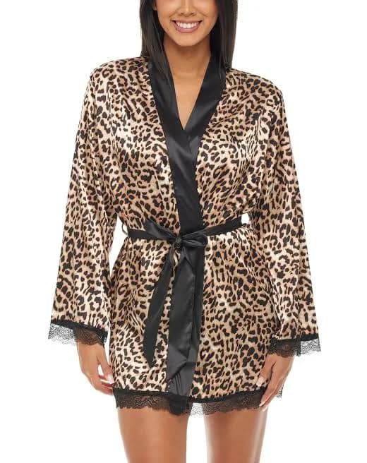 Alexander Del Rossa Women's Leopard Print Satin Robe with Lace Trim