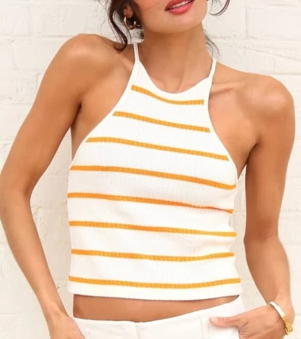Zara Medium White Brown Striped Knitted Halter Top