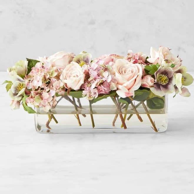 Faux Spring Rose & Hydrangea Floral Arrangement Tablerunner Vase