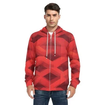 booyaa Red Geometric Patten Mens Hoodies Sweatshirt with Full Zip Pockets Fleece Jackets