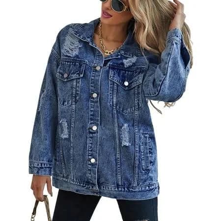 Women's Long Oversized Denim Jacket Boyfriend Ripped Distressed Jean Jackets Coat Dark Blue XL
