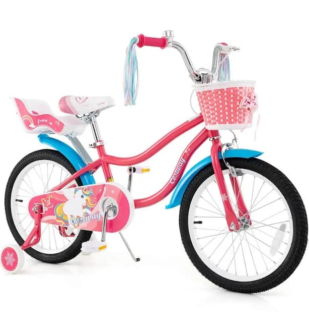 Costway - 18" Kids Bike for 4-8 Years Old with Basket Doll Seat & Colorful Streamers Kickstand - Pink