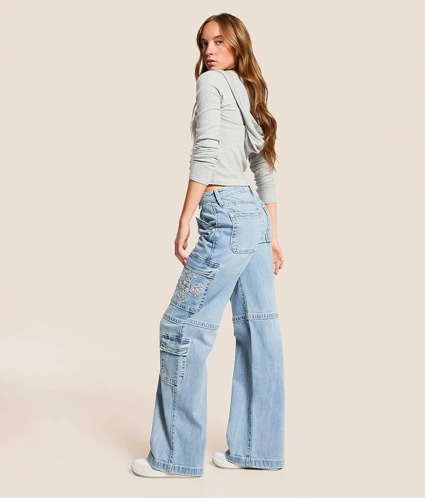 Miss Me Women's High Rise Cargo Wide Leg Stretch Jean
