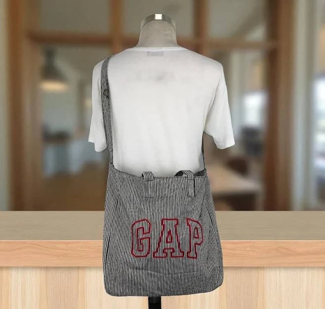 Vintage GAP Striped Canvas Tote Bag - Black & White Striped Shoulder Bag with Embroidered GAP Logo and Adjustable Strap Big Logo GAP