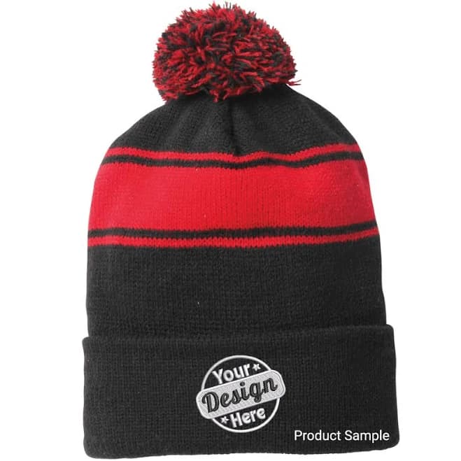 Custom Pom Pom Beanie – Black with Red Stripe – Embroidered Cuff Logo
