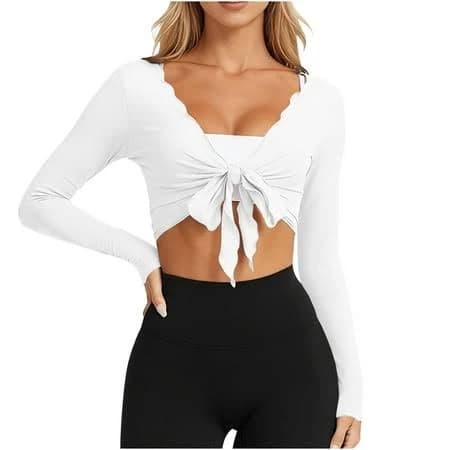 Women's Tie Front Long Sleeve Pilate Ruffle Wrap