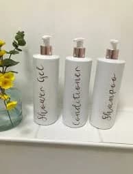 Shampoo and conditioner refillable pump bottles white rose gold