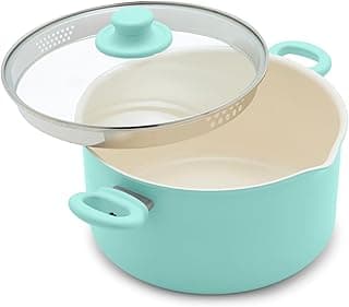 6QT Nonstick Stockpot with Straining Lid, Soft Grip, PFAS-Free Ceramic, Pour Spout, Multipurpose Cooking Pot, Sauces & Soups, Milk Pan, Stay-Cool Handles, Dishwasher & Oven Safe, Turquoise