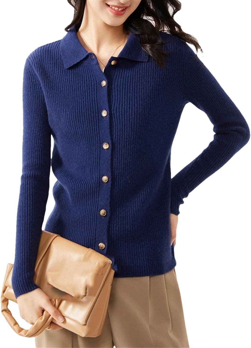 Women Cashmere Sweater Turn Down Collar Slim Cardigan Cashmere Knitwear Office Top Beige at Amazon Women's Clothing store