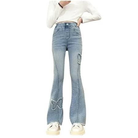 Girls' Baggy High-Waisted Straight Leg Jeans with Butterfly Patch