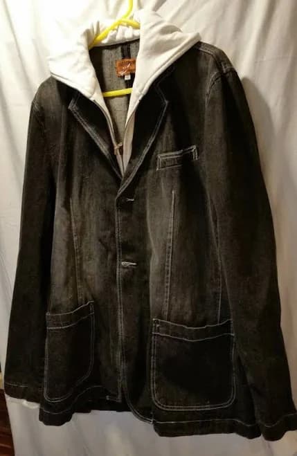 / Bruebeck Black Denim Jacket -white Hood- 3 Pkts- Zipper &