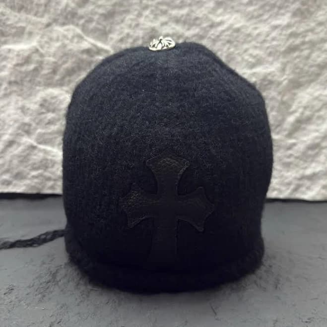 Wool Leather Cross Patch Beanie