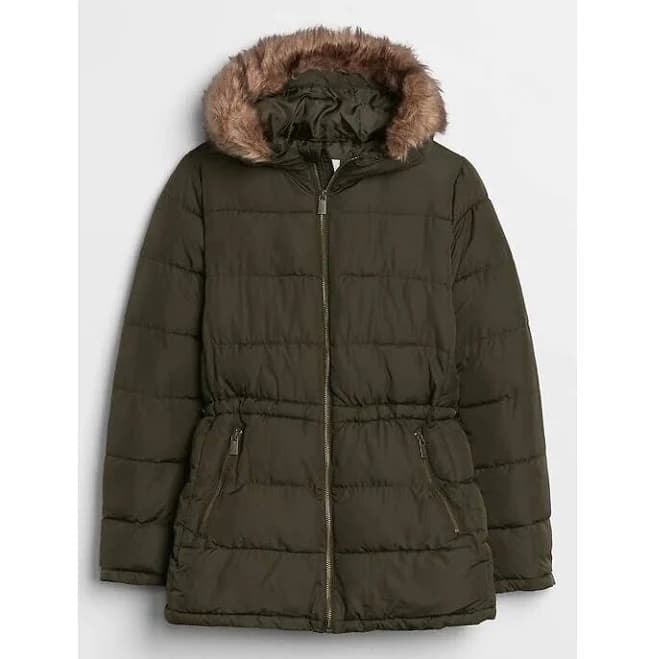 Gap Women's Small Hooded Puffer Jacket Coat With Faux Fur Trim - Olive