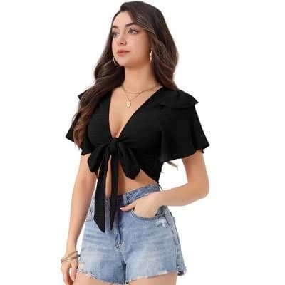 Inspire Chic Women's Backless Cropped Flared Tie Back Blouse