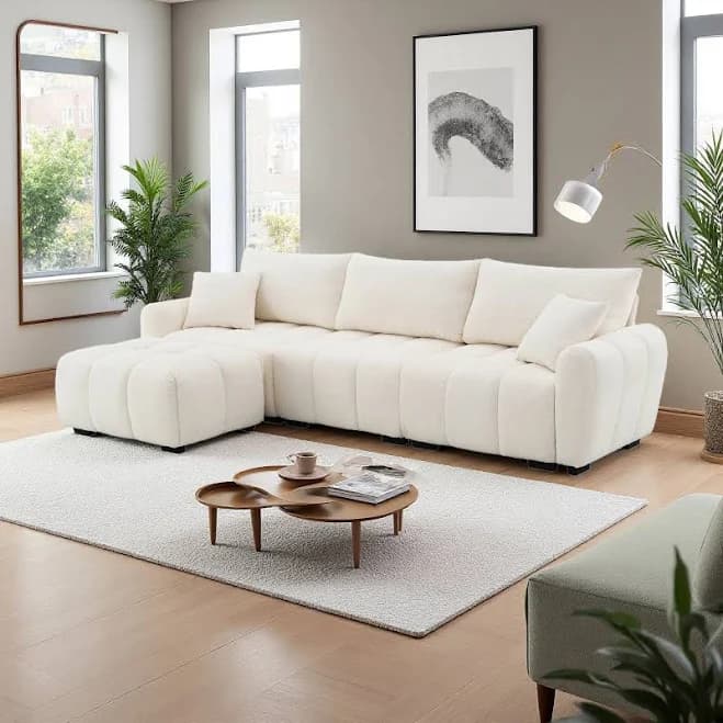 110" Boucle L-Shaped Modular Sectional Sofa with Extra-Large Seat, Pull-Line Design