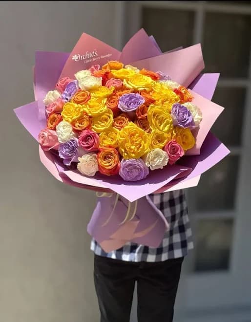 60/100 Lavender Yellow Orange Pink & White Roses Mix Hand Wrapped Bouquet