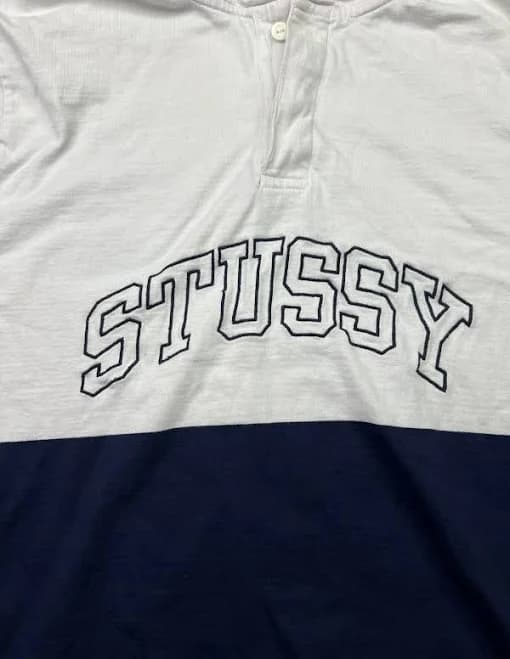 Stussy Hoodie Mens L Blue White Red Rugby Shirt Button Colorblock