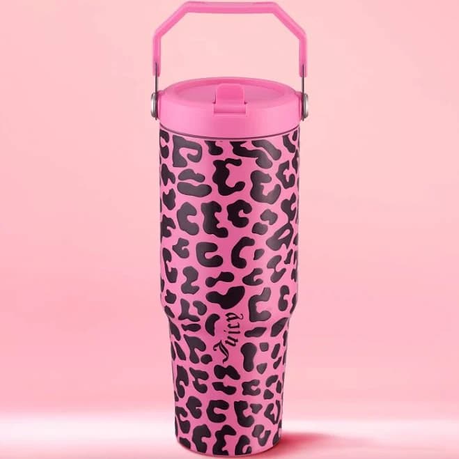 Juicy Couture Flip & Sip Hydration Stainless Steel Screw Top Tumbler with Flip Straw and Carry Handle