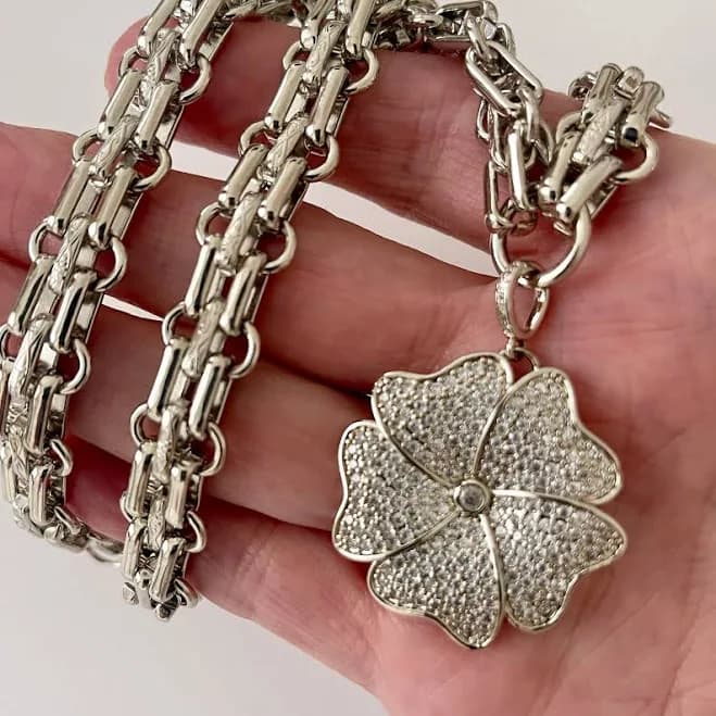 Cubic Zirconia Flower Pendant Silver Chunky Chain Necklace