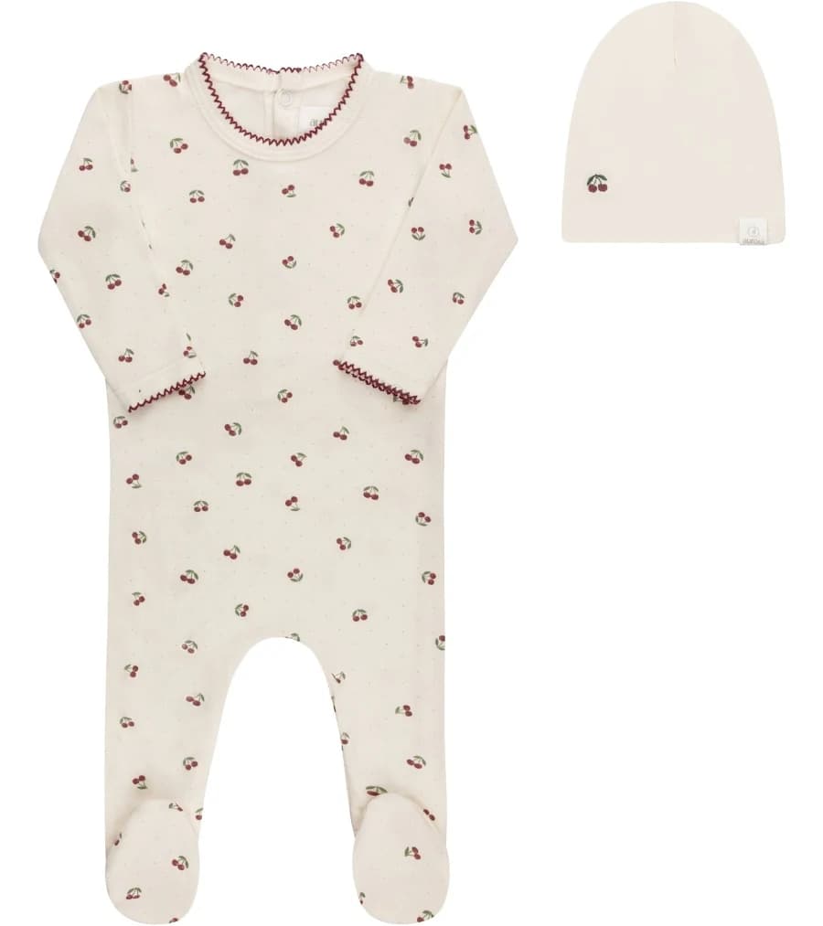 Aurora Cherry Print Collection Footie + Beanie