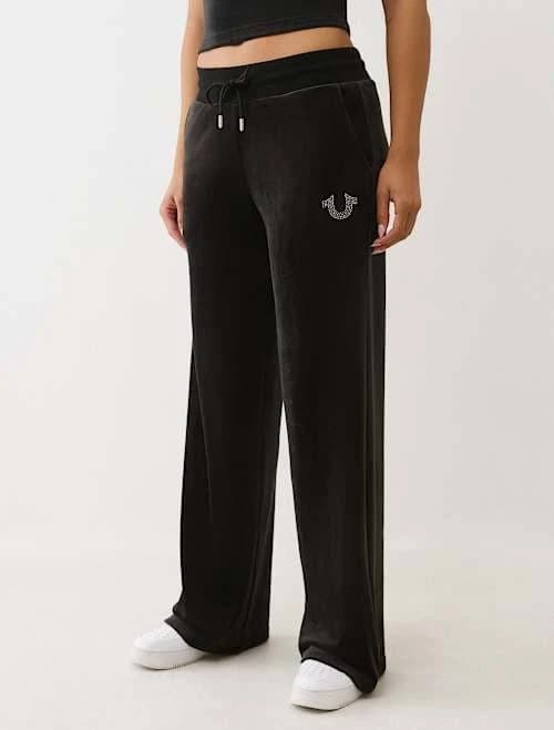True Religion Women's Velour Crystal Horseshoe Straight Leg Sweatpant