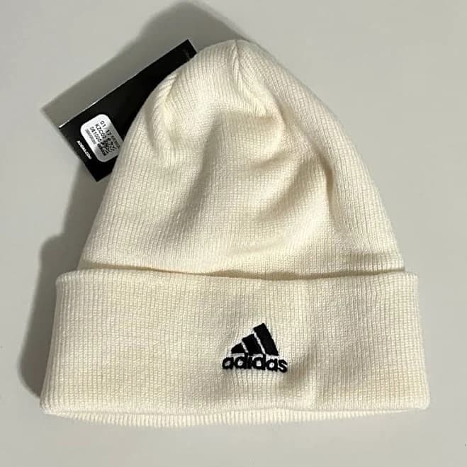 Adidas Three Stripe One Size Cream White Black Fold Knit Hat Cap