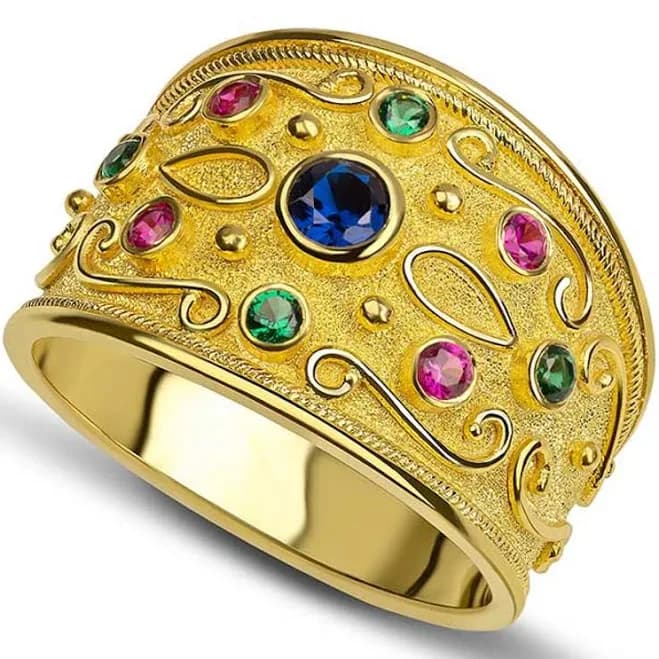 Wide Gold Byzantine Ring with Multi Stones
