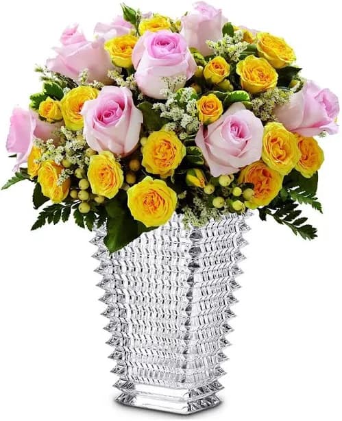 Pink & Yellow Roses With Crystal Vase