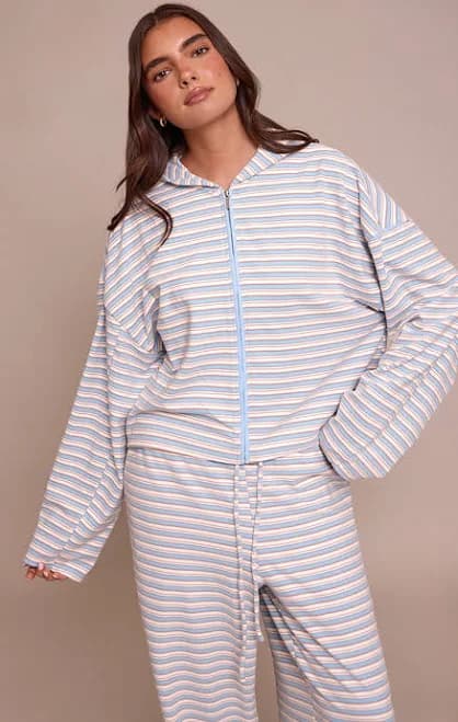 Women's Light Blue Striped Soft Fleece Zip Up Hoodie