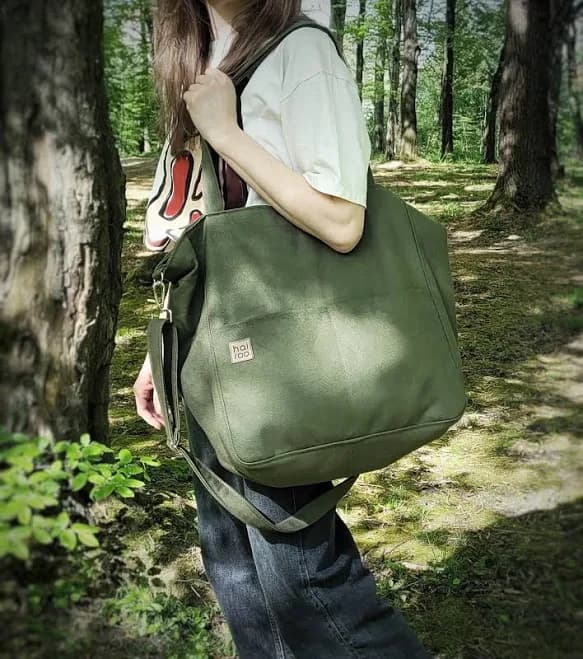 Army Green Canvas Tote Bag, Oversized Vegan Cotton Carry-On, Everyday Crossbody