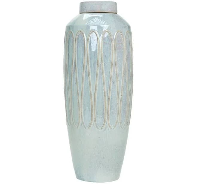 22" Light Blue and Beige Ceramic Jar With Lid